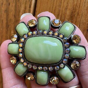 Joan Rivers Signed Green Brown Resin Rhinestone Flower Brooch Pin